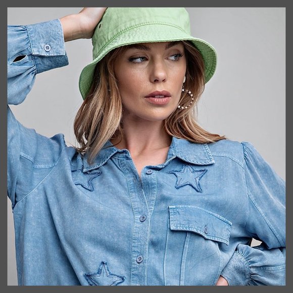EASEL "STAR STRUCK" Embroidered Silk-Like Mineral Wash Button Up, Cuffs, Pockets - Picture 8 of 16